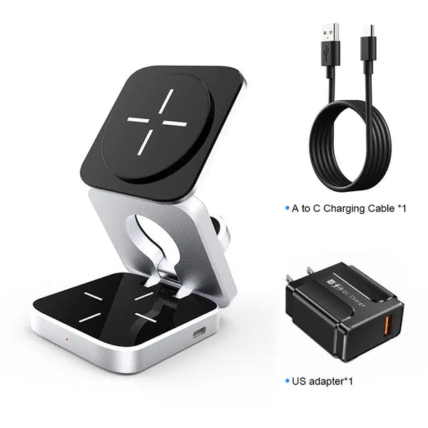 3-in-1 Foldable Magnetic Wireless Charger Stand – 15W Fast Charging Dock for Phone, Apple Watch & Earbuds (AGPTEK)